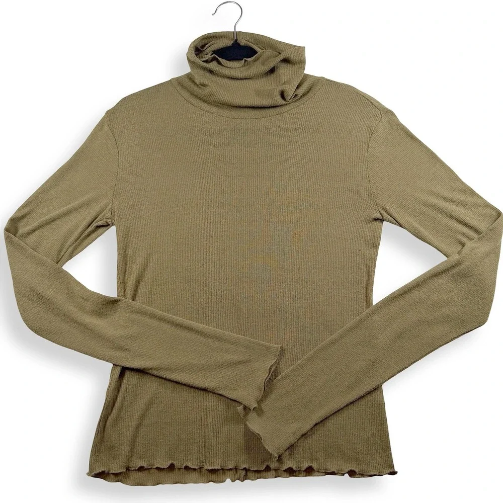 Free People Intimately Ribbed Turtleneck Top Olive Green Lettuce Edge L